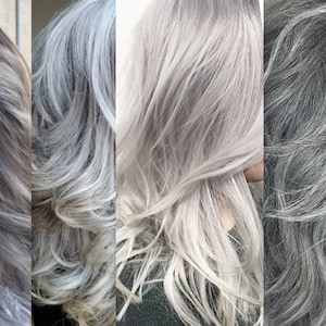 Gray Hair Extensions, Clip In Hair Streaks, Dark Greige Warm Cool Grey Hair, Highlights, Icy Silver, GrannyHair, Wavy, Straight, Synthetic