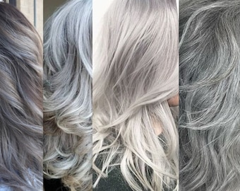 Gray Hair Extensions, Clip In Hair Streaks, Dark Greige Warm Cool Grey Hair, Highlights, Icy Silver, GrannyHair, Wavy, Straight, Synthetic