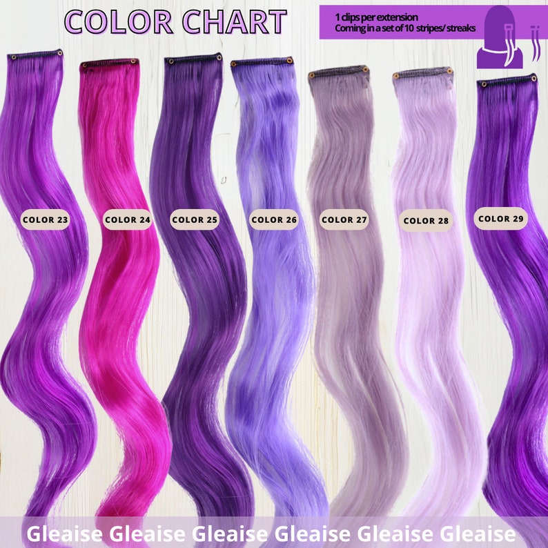 Pu&ograve; includere: Tabella colori che mostra 7 diverse tonalit&agrave; di extension per capelli viola e rosa. Le extension per capelli sono disposte in una fila da sinistra a destra, con la tonalit&agrave; viola pi&ugrave; scura a sinistra e la tonalit&agrave; rosa pi&ugrave; chiara a destra. Le extension per capelli sono etichettate con i numeri da 23 a 29.