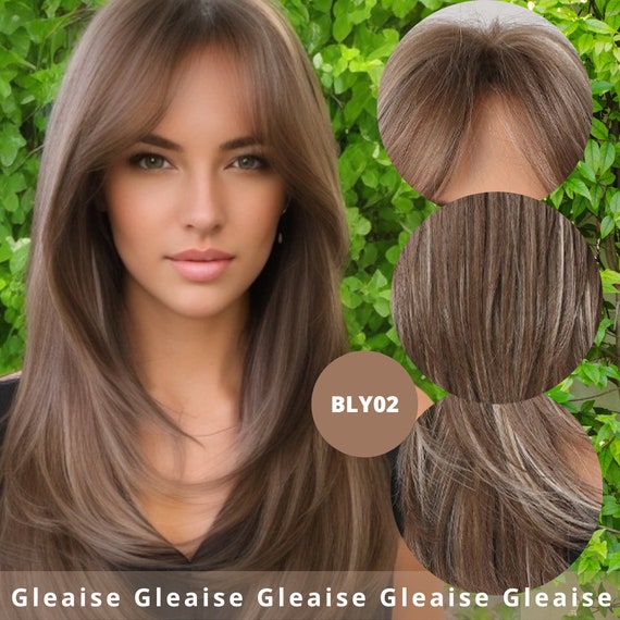 Long Layered Brown Wig With Bangs or Lace Front Blonde Highlights Brunette Hair Color Everyday Wear Fringe Wig Synthetic Heat Safe Etsy