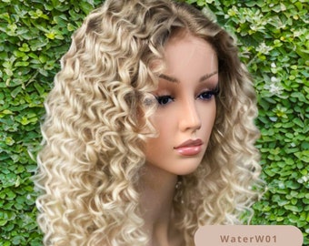 Lace Front Water Wave Wig Natural Blonde Wig Flat Wrap Long Curly Hair Ómbre Blonde Wig Curls Wavy Style Beachy Waves
