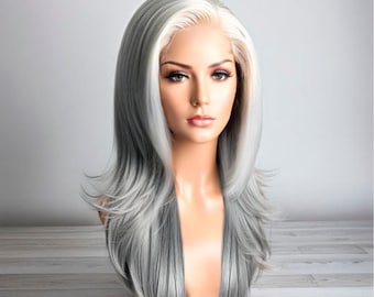 Ashy Gray Layered Lace Front Wig, Salt and Pepper Hair, Silver