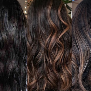 ディープブルネットのクリップインヘアエクステンション、ナチュラルブラックヘア、ブラウン、チョコレート、ダークチェスナット、ロング、合成繊維、ストレート、ウェーブ、ハイライト