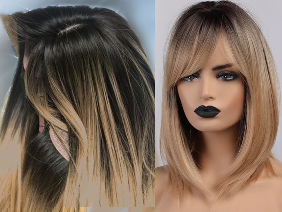 Blonde Balayage Short Hair With Bangs Honey Ombre Blonde Wig - Etsy Blonde Balayage Short Hair With Bangs Honey Ombre Blonde Wig - Etsy