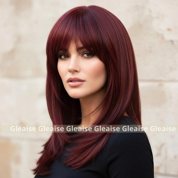 Perruque Longue Synthétique Rouge Avec Frange - Monofilament, Résistante à La Chaleur, Neuf
