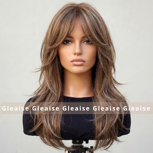 Layered Brown Wig with Bangs | Blonde Highlights Brunette Fringe Wig | Straight Shoulder-Collarbone-Bust Length 12-18 In Synthetic Heat Safe