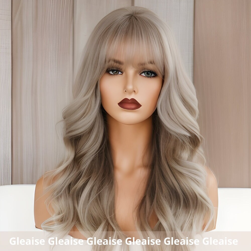 Ash Blonde Long Bob Wavy Wig With Bangs Silver Grey Blonde