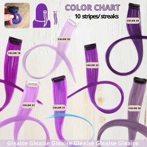 Pu&ograve; includere: Tabella colori che mostra dieci diverse tonalit&agrave; di extension per capelli viola e lavanda. Ogni extension ha un clip nella parte superiore ed &egrave; etichettata con un numero di colore.