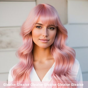 Rose Gold Pink Wig With Bangs Long-Medium Wavy Wig with Fringe Layered Hair Spring Summer Autumn Winter Wig Heat-Resistant