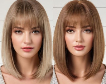 Short Brown Wig With Bangs, Brunette Brown Hair With Highlights OR Solid Color Hair, Synthetic Hair