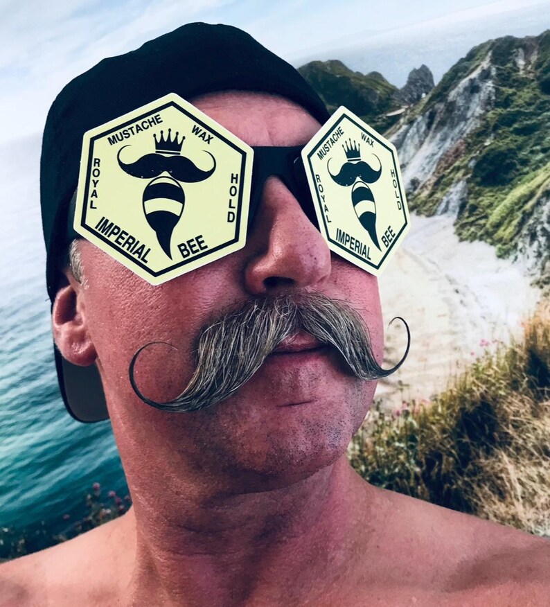 May include: A black baseball cap worn with novelty sunglasses featuring hexagonal pale yellow lenses. Each lens displays a black graphic of a bee with a mustache and crown, with the text MUSTACHE WAX ROYAL HOLD IMPERIAL BEE printed around it.