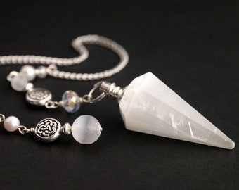 Selenite Pendulum Handmade with Fresh Water Pearl Accents. White Selenite Gemstone Pendulum. Handmade Pendulum.