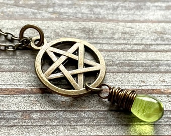 Bronze Pentagram Necklace. Pagan Necklace. Teardrop Necklace. Bronze Pentacle Charm Necklace. Handmade Jewelry.