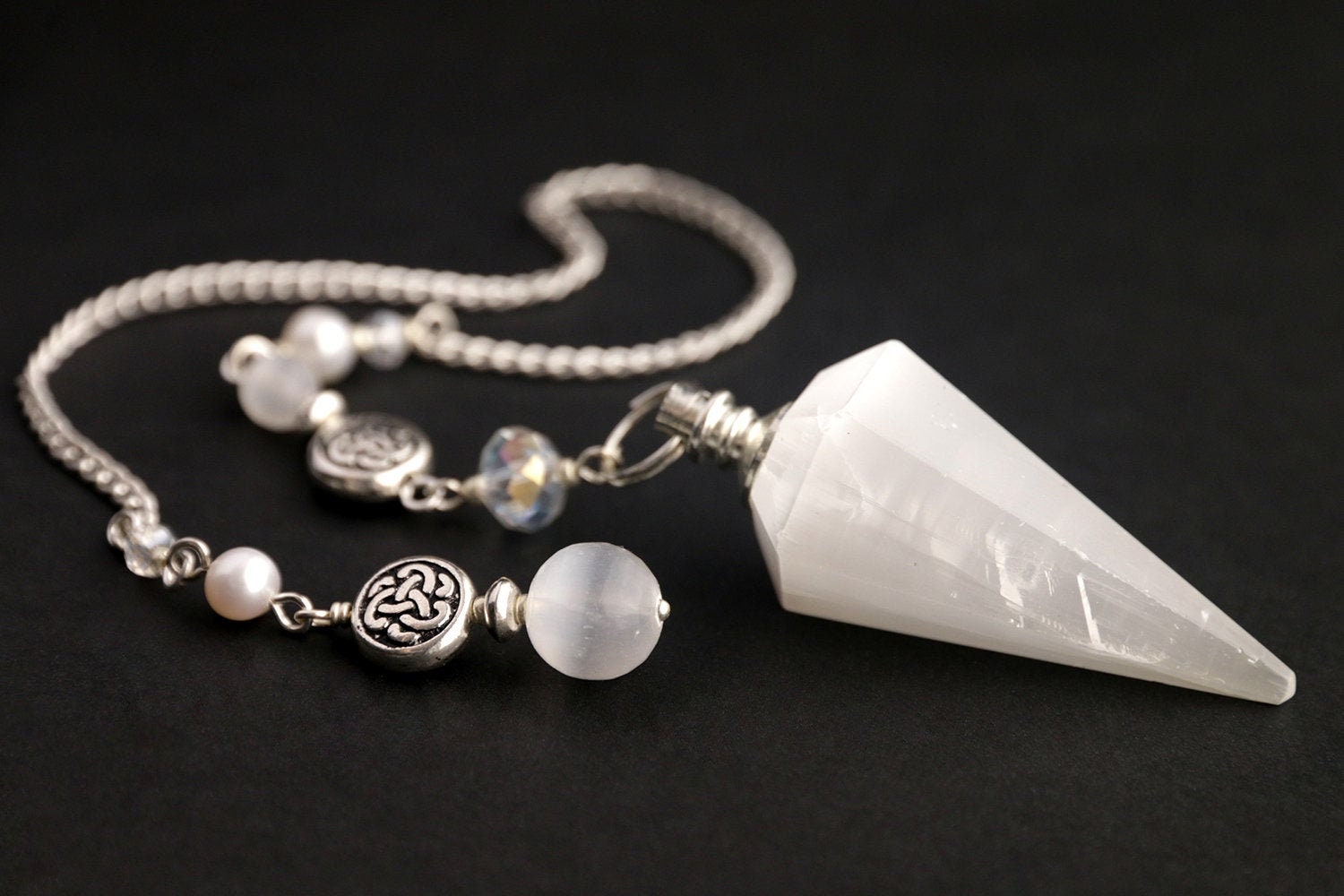 Selenite Pendulum Handmade with Fresh Water Pearl Accents. White Selenite Gemstone Pendulum. Handmade Pendulum.