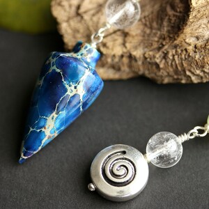 Dark Blue Sea Sediment Jasper Pendulum. Spiral Pendulum. Blue Pendulum with New Jade and Quartz Crystal Accents. New Age Divination Tool. image 2