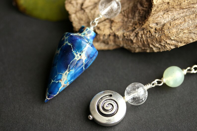 Dark Blue Sea Sediment Jasper Pendulum. Spiral Pendulum. Blue Pendulum with New Jade and Quartz Crystal Accents. New Age Divination Tool. image 2