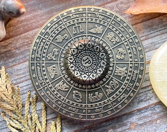 Fortune's Wheel Weissagungs-Werkzeug. Antike Bronze Astrologenrad. Spinning Zodiac Scheibe.