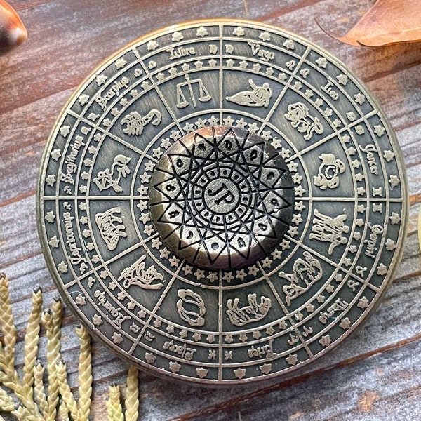 Fortune's Wheel Divination Tool. Antique Bronze Astrologer's Wheel. Spinning Zodiac Disk.