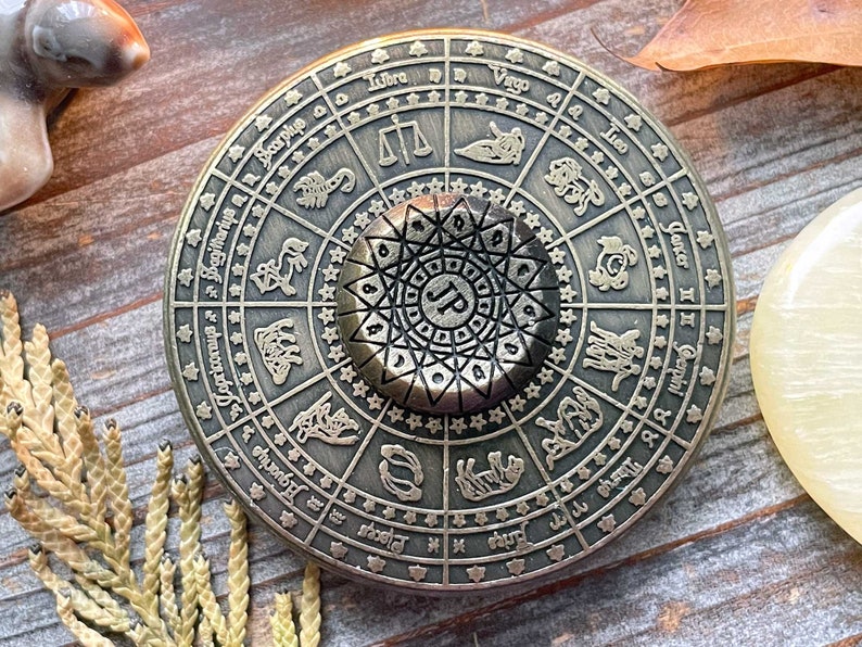 Fortune's Wheel Divination Tool. Antique Bronze Astrologer's Wheel. Spinning Zodiac Disk. image 1