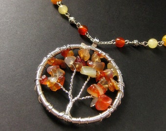 Fall Tree of Life Necklace. Gemstone Tree Necklace. Carnelian Agate Necklace. Gemstone Necklace. Autumn Necklace. Handmade Necklace.