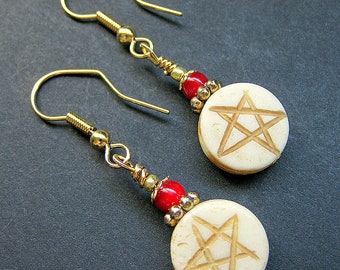 Pentacle Earrings. Pagan Earrings. Pentagram Earrings. Wiccan Jewelry. Red Dangle Earrings. Horn Bone Earrings. Pagan Path Earrings.