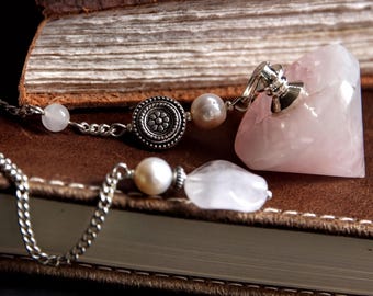 Pink Rose Quartz Pendulum - Gemstone Point with Pearl Accents