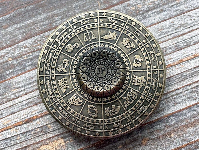 Fortune's Wheel Divination Tool. Antique Bronze Astrologer's Wheel. Spinning Zodiac Disk. image 2
