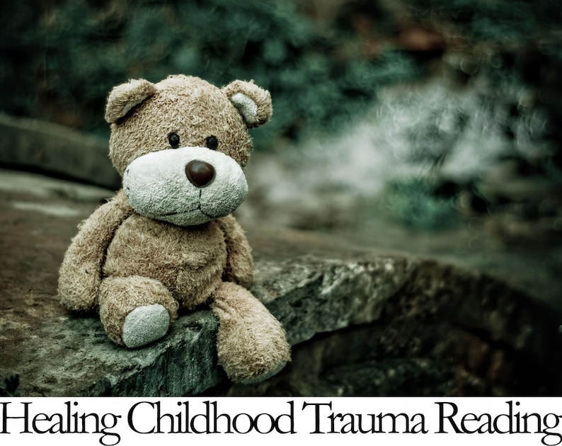 A teddy bear sits on a rock, with a blurred natural background, accompanied by the text "Healing Childhood Trauma Reading".