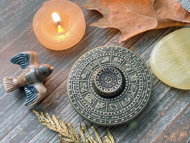 Fortune's Wheel Divination Tool. Antique Bronze Astrologer's Wheel. Spinning Zodiac Disk. image 5