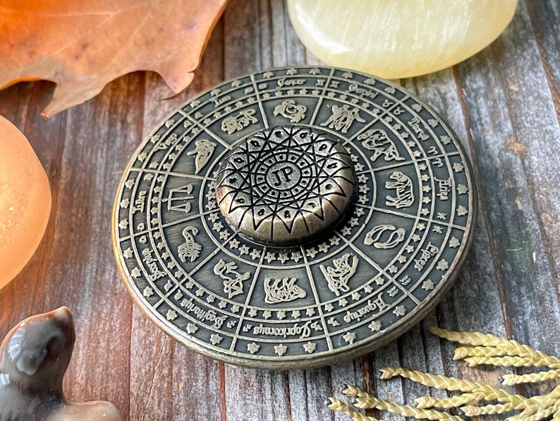 Fortune's Wheel Divination Tool. Antique Bronze Astrologer's Wheel. Spinning Zodiac Disk. image 8