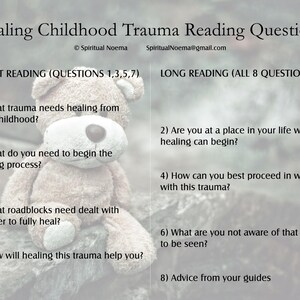 a set of eight questions related to childhood trauma, divided into two sections: short reading questions and long reading questions. The questions cover various aspects of healing from childhood trauma, such as identifying the trauma, finding a place to heal, beginning the healing process, working with the trauma, dealing with roadblocks, being aware of the needs, and how the healing will help.