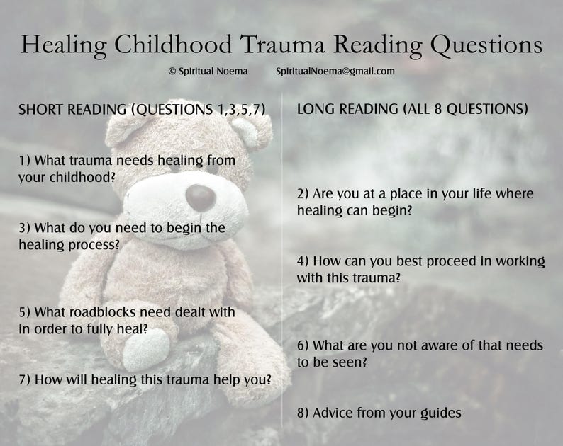 a set of eight questions related to childhood trauma, divided into two sections: short reading questions and long reading questions. The questions cover various aspects of healing from childhood trauma, such as identifying the trauma, finding a place to heal, beginning the healing process, working with the trauma, dealing with roadblocks, being aware of the needs, and how the healing will help.