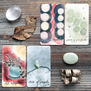 various objects, including a crystal ball, a leaf, a card with a plant illustration, a card with a light blue stone, and a card with a plant illustration.