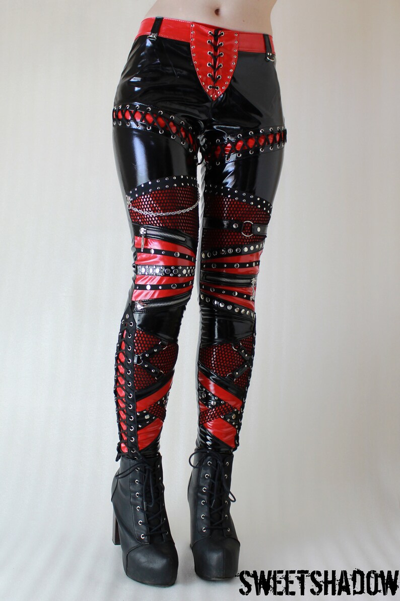 PVC pants red and black skinny pants lace up pants gothic | Etsy