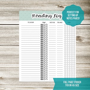 Reading Log | Full Page Notes Sticker | A5 or 7x9 Planners