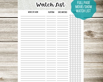 Movie & Show Watch List | Full Page Notes Sticker | A5 or 7x9 Planners