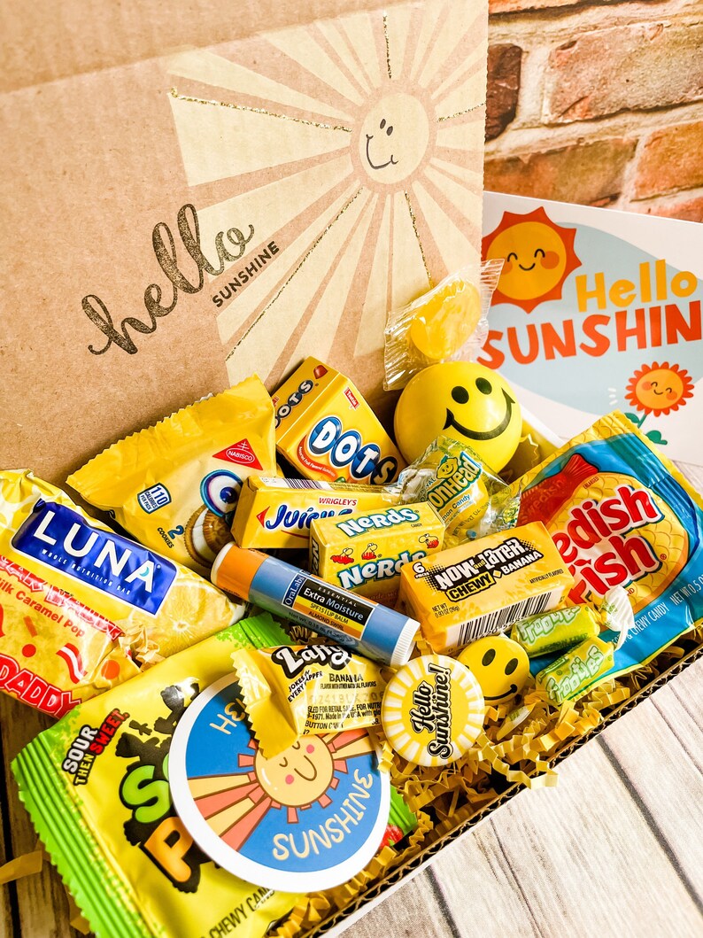 hello sunshine college guy care package with yellow themed gifts