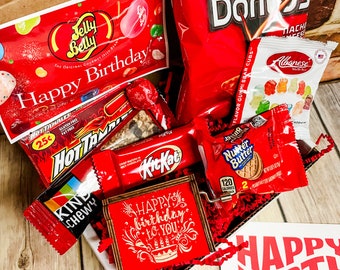 Red HAPPY BIRTHDAY Snack Box, Birthday Care Package, Employee Birthday Gift, Gift for Bestie, Friend, Student, Office, Long Distance Gift