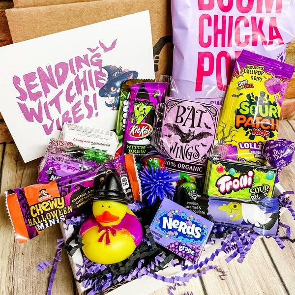 Halloween WITCH Trick or Treat Purple Candy Gift Basket Care Package For Students, Kids, Teens, Bestie, Long Distance Gift