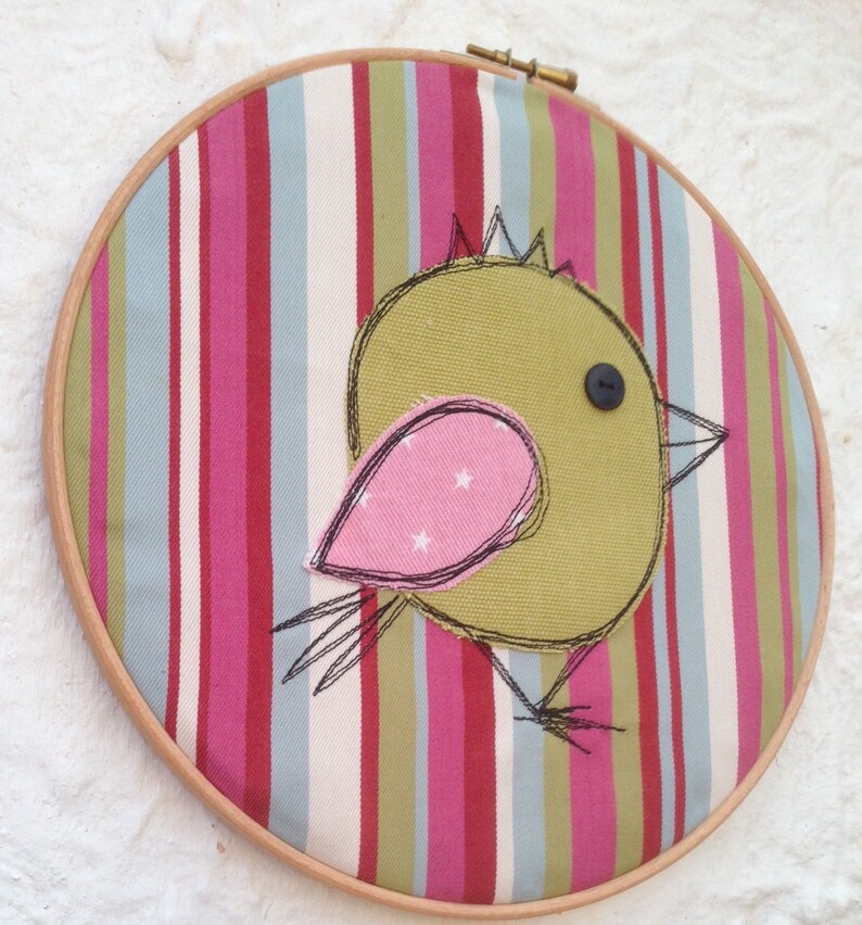 Quirky Bird Fabric Appliqué Hoop Wall Art Nursery Decor Etsy