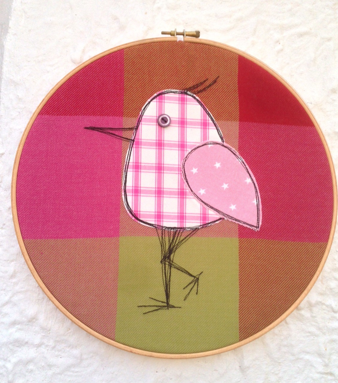 Vibrant pink quirky bird appliqué picture in a hoop framed Etsy