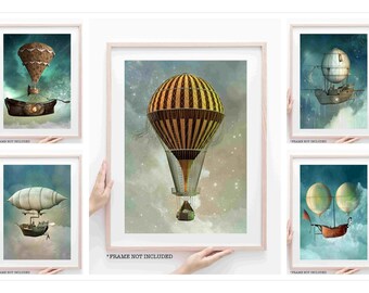 Magical Fantasy STEAMPUNK Hot Air Balloon Airship Art Poster Prints A4 A3 A2 A1 Vintage Victorian Fantasy Style Prints Wall Art