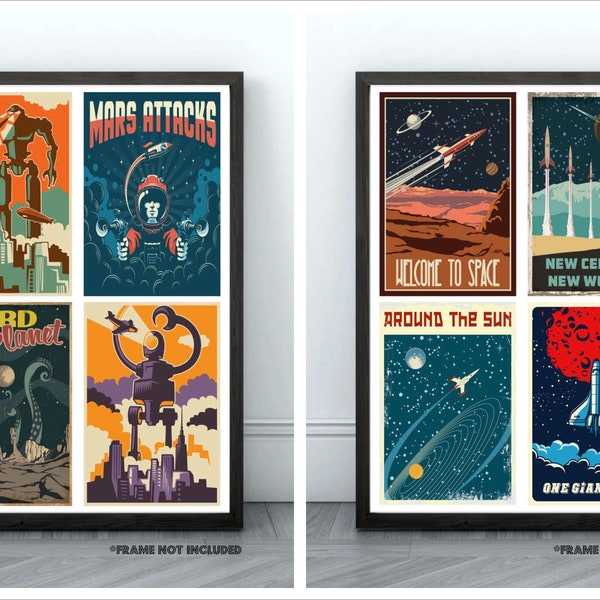 Awesome Retro Sci-Fi Pop Art Space Collage Poster Prints Futuristic Robots Rockets Astronauts Science Fiction Wall Art Collages