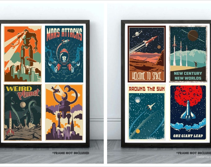 Superbe affiche rétro science-fiction pop art collage spatial, impressions robots futuristes fusées astronautes science-fiction collage art mural