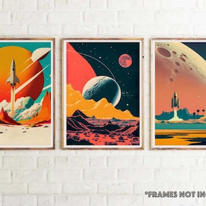 Impresiones de arte espacial retro Conjunto de 3 cohetes espaciales Planetas lunares Arte pop Impresiones de carteles sin marco Conjunto de 3 grandes regalos o coleccionables #9