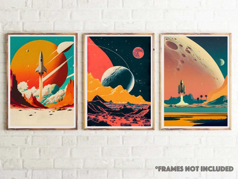 Stampe d'arte spaziali retrò Set di 3 Razzi spaziali Pianeti lunari Stampe di poster senza cornice Pop Art Set di 3 Grandi regali o oggetti da collezione 9 immagine 1