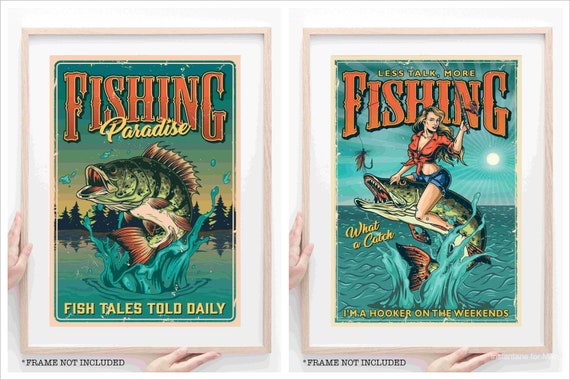 Retro Fishing Artwork Poster Prints A2 A3 A4 Fun Fishing Man Cave
