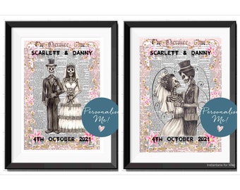 Day of the Dead Wedding Skulls Personalised Pink Floral Art Prints A4 Skull Skeleton Art Prints Wall Art Wedding Gifts Cute Marriage Gifts!