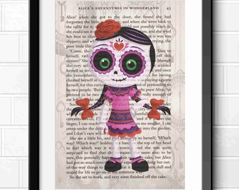 Day of the Dead Sugar Skull Art Prints A4 A3 Cute Sugar Skull Girl Poster Prints Alice Book Page Background Great Gifts #113