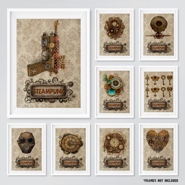 STEAMPUNK Poster Prints Industriële Fantasy Klok Gears Keys Luchtschip Hart Schedel A4 A3 A2 A1 Vintage Victoriaanse stijl Grunge Prints Wall Art